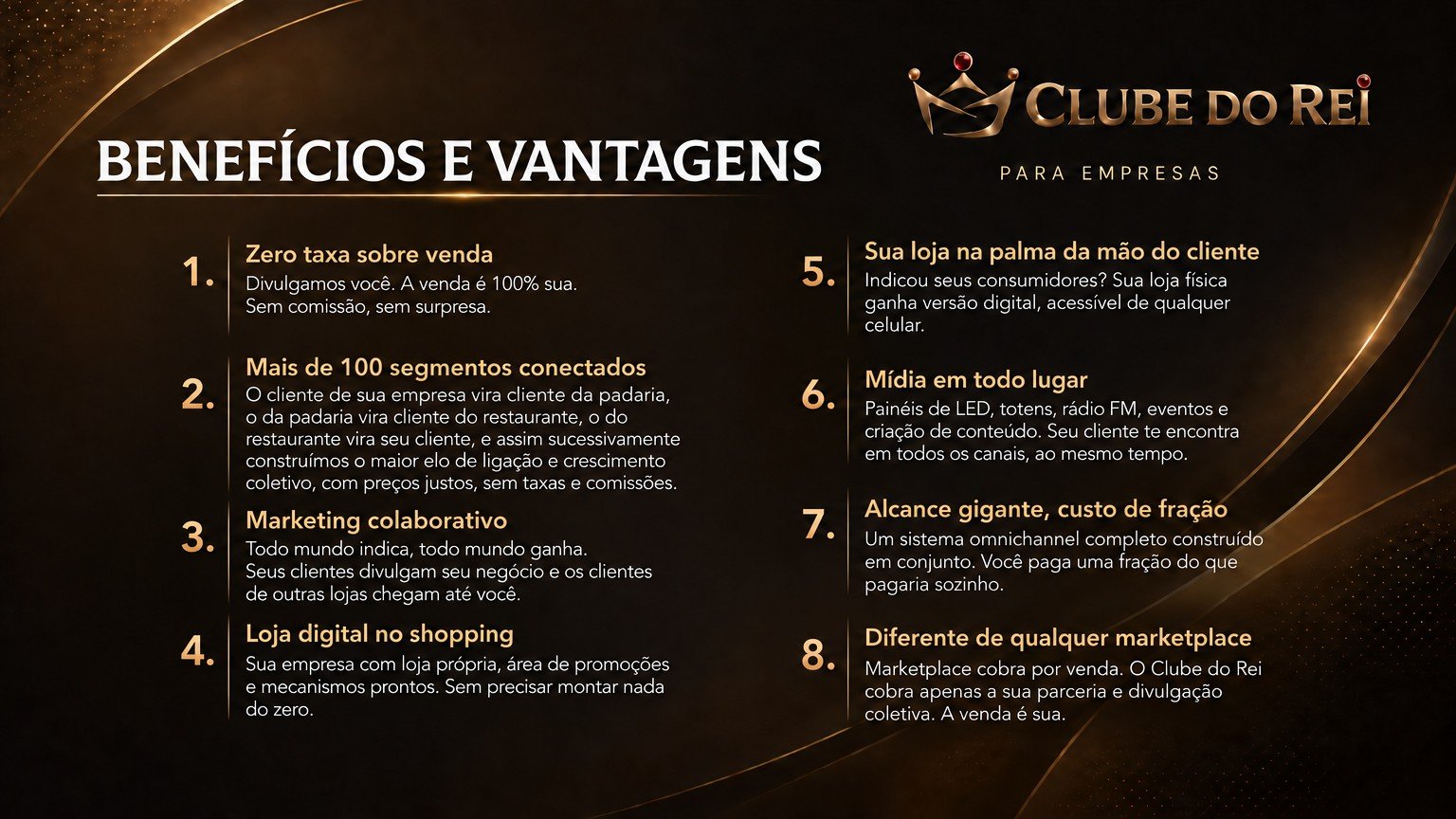 Oito benefícios para empresas no Clube do Rei: zero taxa sobre vendas, mais de 100 segmentos conectados, marketing colaborativo, loja digital, acesso pelo celular, mídia em vários canais, alcance coletivo e venda direta.